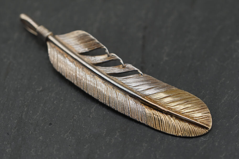Large Silver Feather Pendant (w/ solid gold tip) - Cotton Sheep Japanese Native American style jewelry - Cotton Sheep Japanese silver jewelry Goro Takahashi inspired jewelry Native American Japanese Jewelry Gold and Silver Japanese Jewelry Goros Jewelry Masato San Jewelry Masato San Jewelry Artist