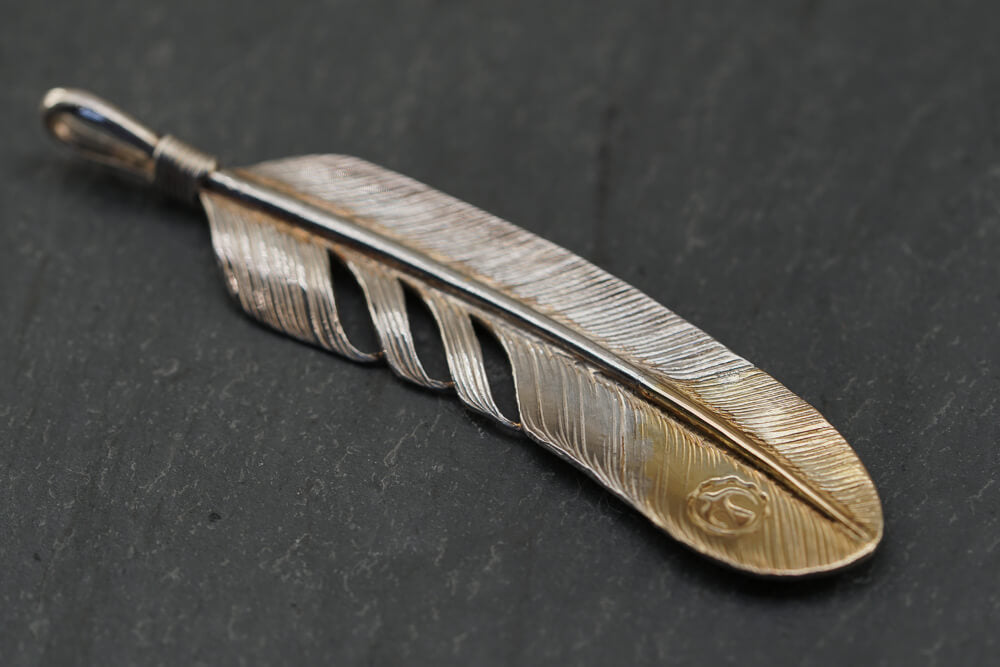 Large Silver Feather Pendant (w/ solid gold tip) - Cotton Sheep Japanese Native American style jewelry - Cotton Sheep Japanese silver jewelry Goro Takahashi inspired jewelry Native American Japanese Jewelry Gold and Silver Japanese Jewelry Goros Jewelry Masato San Jewelry Masato San Jewelry Artist