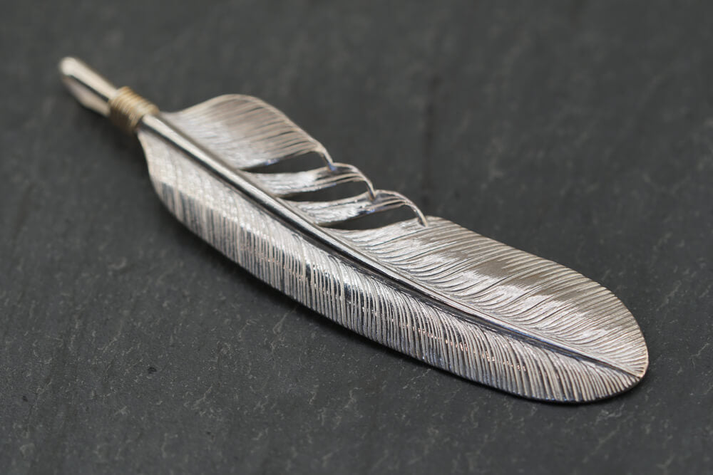Large Silver Feather Pendant (w/ gold coil) - Cotton Sheep Japanese Native American style jewelry - Cotton Sheep Japanese silver jewelry Goro Takahashi inspired jewelry Native American Japanese Jewelry Gold and Silver Japanese Jewelry Goros Jewelry Masato San Jewelry Masato San Jewelry Artist