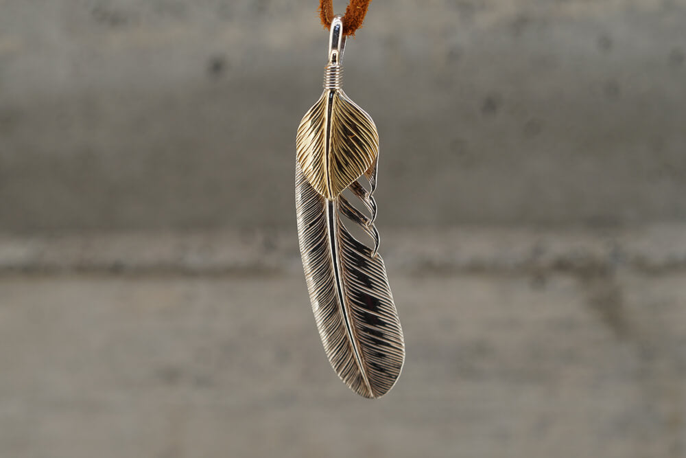 Large Silver Feather Pendant (w/ solid gold heart feather) - Cotton Sheep Japanese Native American style jewelry - Cotton Sheep Japanese silver jewelry Goro Takahashi inspired jewelry Native American Japanese Jewelry Gold and Silver Japanese Jewelry Goros Jewelry Masato San Jewelry Masato San Jewelry Artist