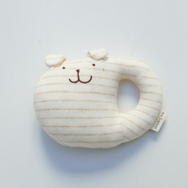 Organic Cotton Baby Rattle, Dog Tan and brown color way  100% organic cotton Made in Japan A super soft, and gentle baby rattle with gender-neutral colors that makes the perfect first toy for any newborn.   