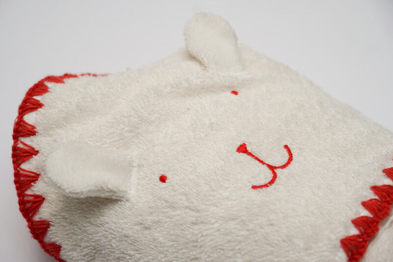 A soft cotton water-absorbent baby swaddle that can be used as a towel or blanket~  Available in brown bear or white rabbit 100% Organic cotton 27.5in x 27.5in Made in Japan 
