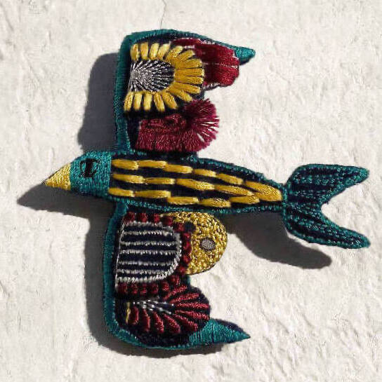 Kapital 3D Embroidered Pin Badge, Swallow A decorative patch with an embroidered swallow design inspired by colorful 60s/70s sparrow embellishments as seen on shirts. 